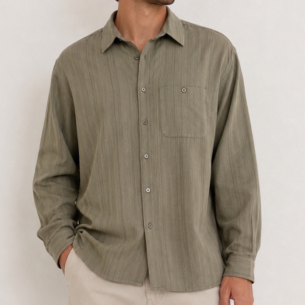 Geoffrey Beene Button Down Shirt Mens XL Olive Green Pinstripe Cotton Rayon
